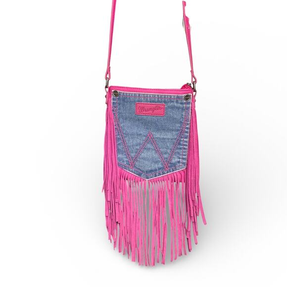 Wrangler Handbags - EUC Montana West Wrangler Hot Pink Denim Fringe Crossbody Bag